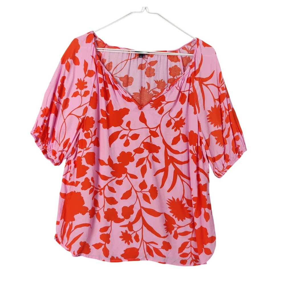 Talbots Women Coastal Vibrant Floral Blouse LP Top Pink Orange Puff Sleeve VNeck